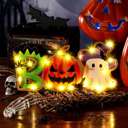 5x10in Lighted BOO Halloween Sign, Battery-Operated LED Pumpkin & Ghost Table Decor