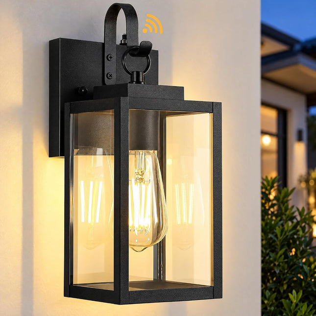 11.8 Inch Outdoor Wall Light Dusk to Dawn Black Metal Frame Clear Glass E26