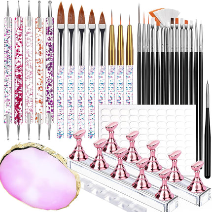 23PCS Nail Art Tools Set, Brushes, Dotting Tools, Nail Stands, Adhesive Tabs & Palette