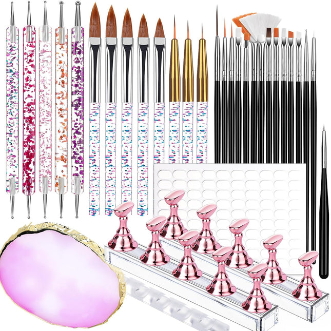23PCS Nail Art Tools Set, Brushes, Dotting Tools, Nail Stands, Adhesive Tabs & Palette