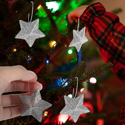24PCS Glitter Star Ornaments – Gold 3D Xmas Tree Decorations & Pendants