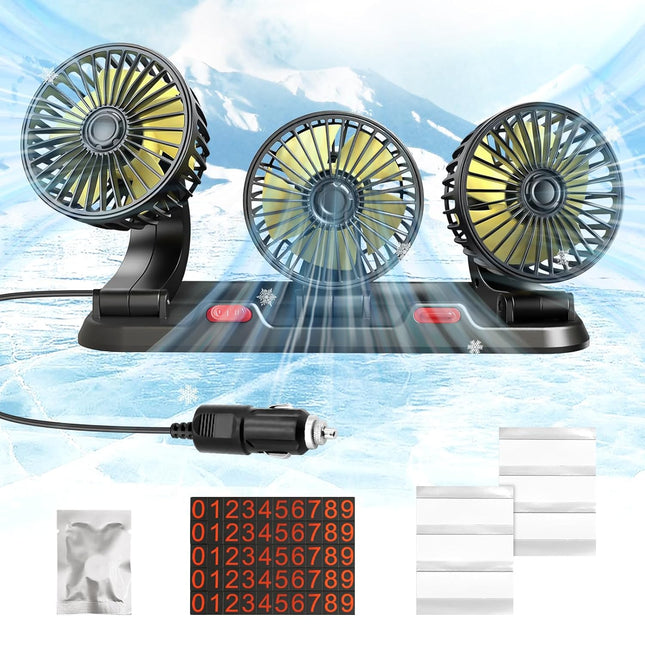 Portable 3-Head Car Cooling Fan, 2-Speed, 360° Rotating, Cigarette Lighter Plug