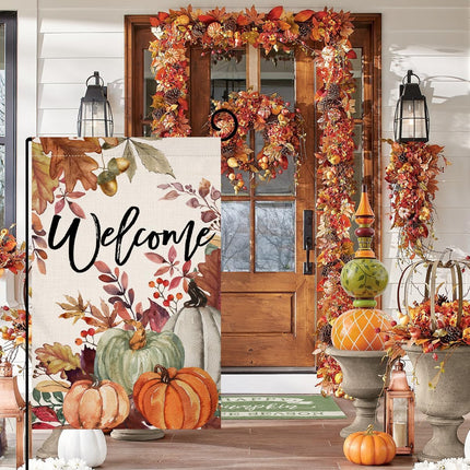 12x18in Fall Pumpkin Leaves Garden Flag, Double-Sided Burlap Autumn Thanksgiving Decor