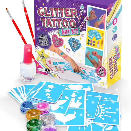 33-Piece Glitter Tattoo Kit – Multicolor, 24 Stencils, 6 Colors, Brushes for Kids