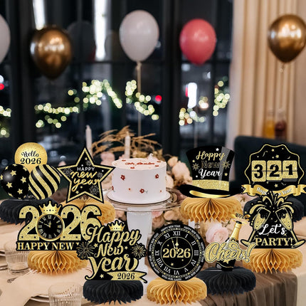 10 PCS Happy New Year 2026 Honeycomb Centerpieces Black & Gold Table Decor