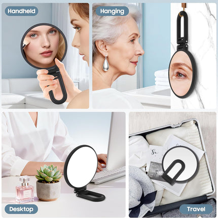 40X Magnifying Hand Mirror – Double-Sided, Foldable, Portable, Frosted Black