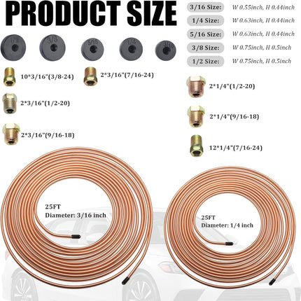 25Ft 1/4" & 3/16" Brake Line Kit, Flaring Tool Kit, 32 Inverted Fittings Repair Set