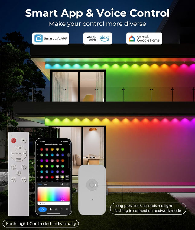 100ft Smart RGBWW Permanent Outdoor Lights Pro, 79 Modes, Alexa, IP67, White