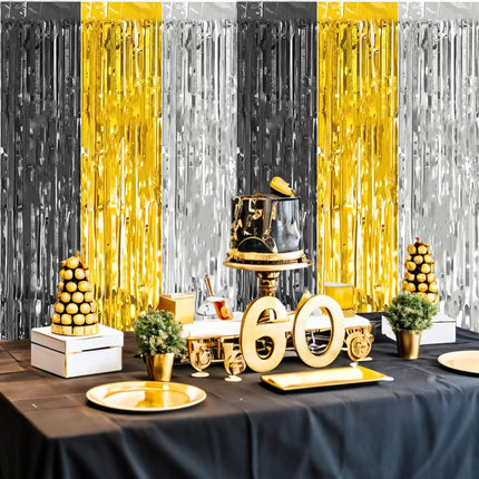 Black Gold Silver Foil Streamers – 2-Pc 3.3×6.6ft Party & Photo Booth Decor