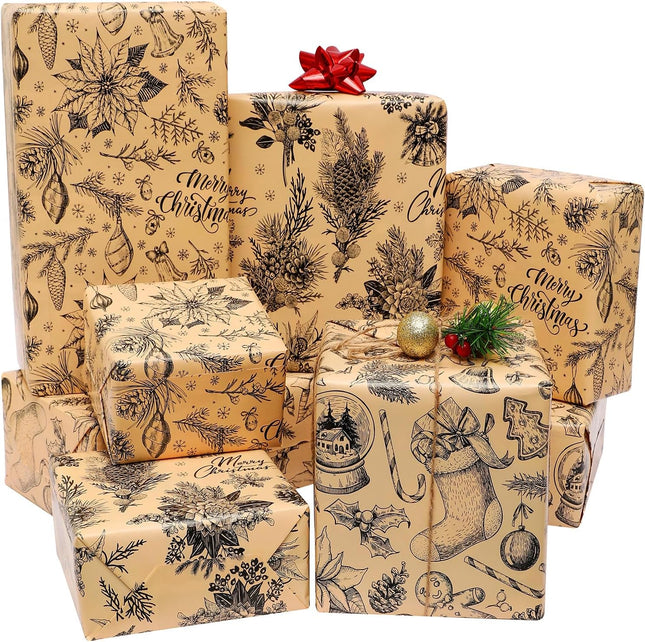 Brown Christmas Wrapping Paper 6 Sheets 27x37 Inch Rustic Vintage Design
