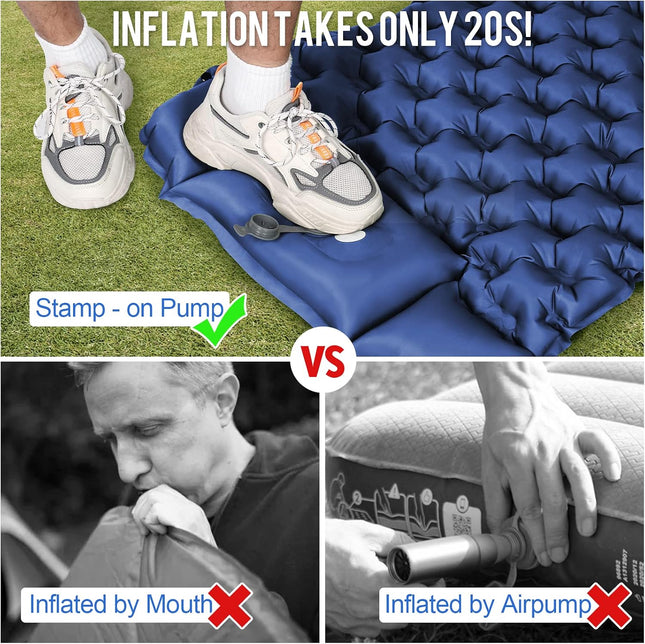 Ultralight Inflatable Camping Sleeping Pad Pillow, Built-In Foot Pump, Waterproof Blue Mat