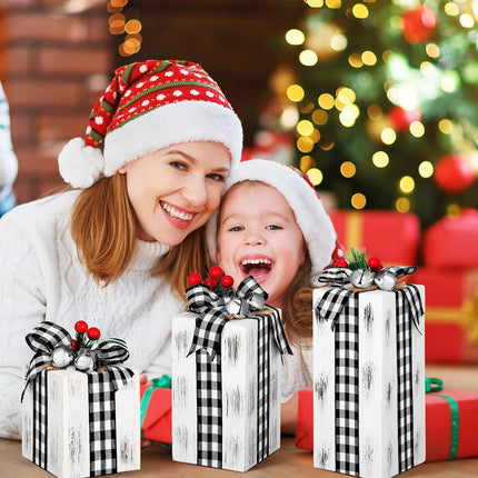 3 Pcs Wooden Christmas Gift Boxes – Plaid Decor for Table & Tiered Trays