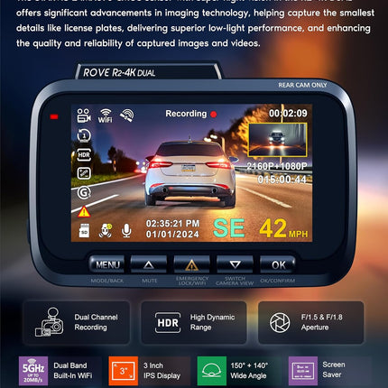 R2-4K Dual Dash Cam – 4K Front/Rear, STARVIS 2, 128GB Card, 5G WiFi, Parking Mode