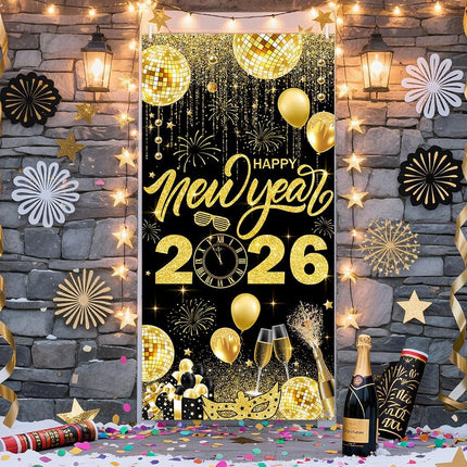 Happy New Year 2026 Banner – Black & Gold Party & Photo Background