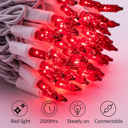 Red Mini Christmas Lights 100 Count – 26.5ft Plug-In, White Wire, Waterproof Bulbs