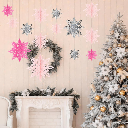 18-Piece 3D Pink & Silver Snowflake Ornaments with Glitter for Christmas Hanging Decorations