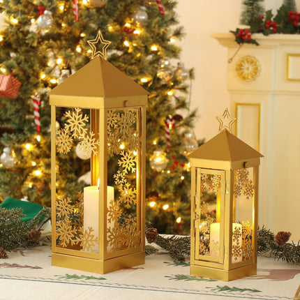 Christmas Lanterns Metal Set – 17" & 12" LED Candle Decor for Indoor/Outdoor