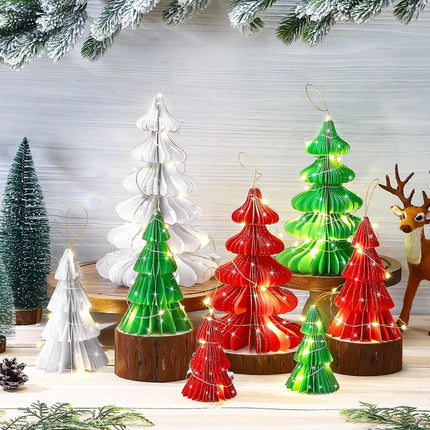 8PCS Honeycomb Paper Christmas Trees with LED Light Strings Table Decor