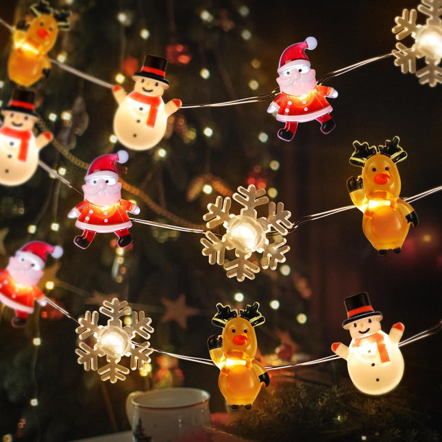 10ft Christmas String Lights – Battery Santa, Snowflake & Elk Decorations