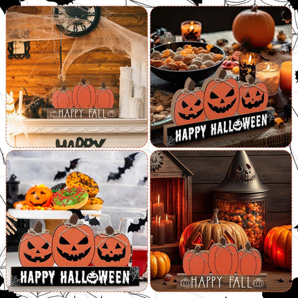 Happy Fall Halloween Wooden Pumpkin Sign, Double-Sided Tabletop Tiered Tray Decor