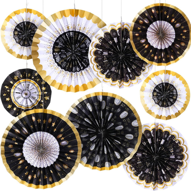 Happy New Year 2026 Paper Fans – 9-Pc Black & Gold Party Hanging Decor