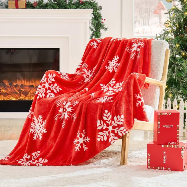 Christmas Throw Blanket – Cozy Holiday Blanket with Red Snowflake Design, Soft & Lightweight