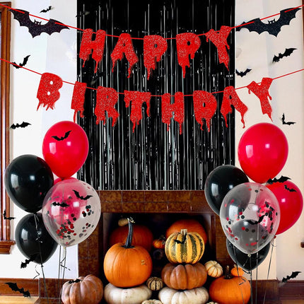 Halloween Birthday Banner Set, Red Glitter Banner, Black Foil Curtains, 3D Bat Decor