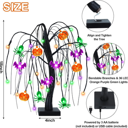 18in Halloween Willow Tree, 36 LED Pumpkin Bat Spider Lights, Timer & USB/Battery