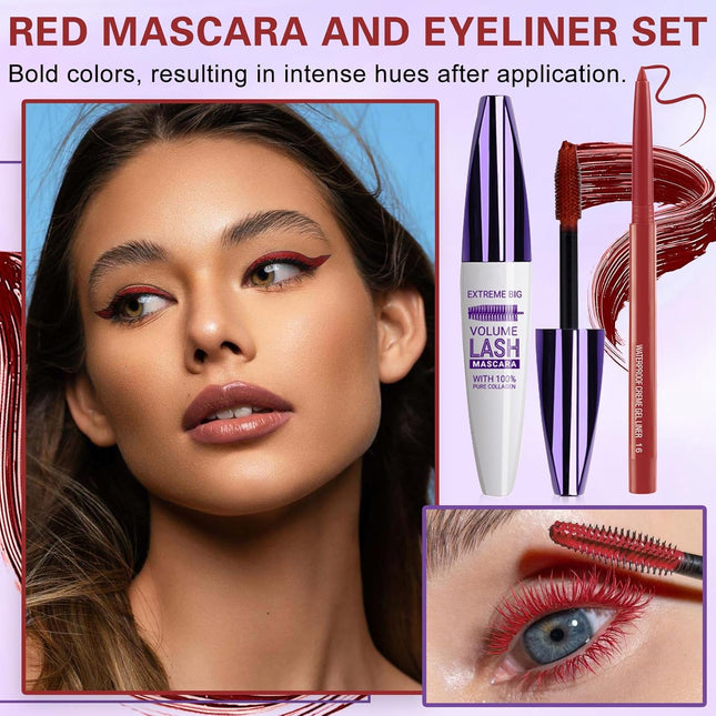 Burgundy Mascara & Eyeliner Set 5D Waterproof Volumizing Red Lash Makeup