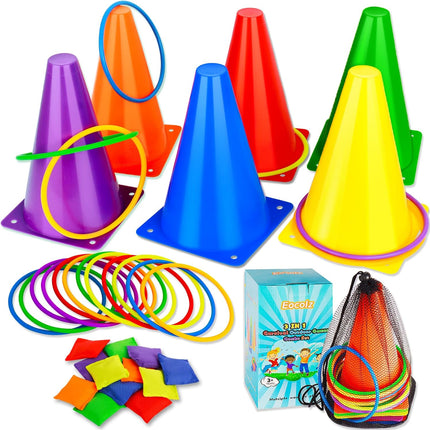 3 in 1 Carnival Games Set with Cones, Bean Bags and Ring Toss for Kids