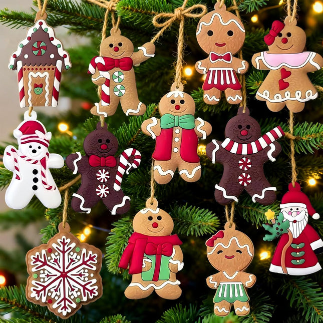 12PCS Christmas Tree Ornaments – Cute Snowman, Santa Claus, Gingerbread & Assorted Decorations