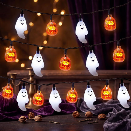 Halloween String Lights 19.7FT 30 LED Ghost & Pumpkin Lights, 8 Modes, Battery