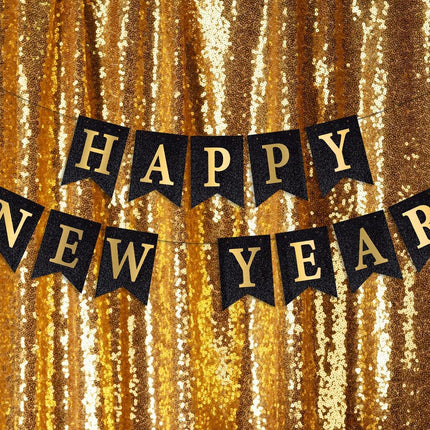 Happy New Year 2026 Banner – Black Glitter Pre-Strung Party Supplies