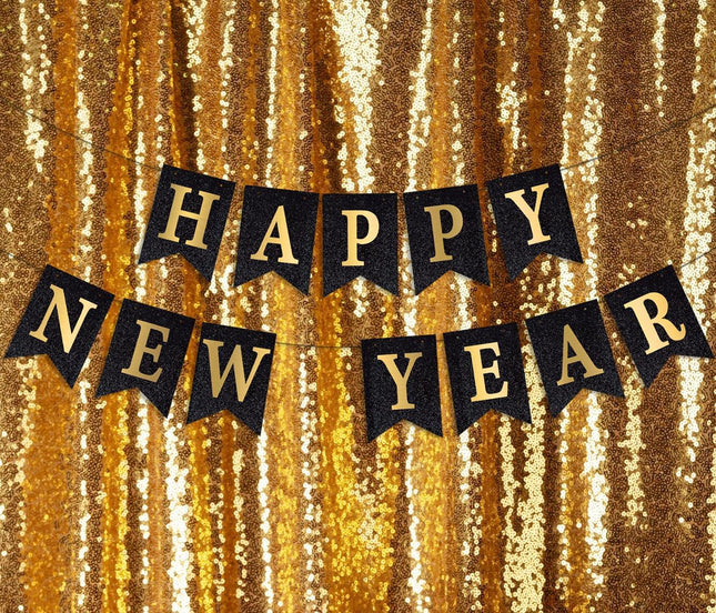 Happy New Year 2026 Banner – Black Glitter Pre-Strung Party Supplies