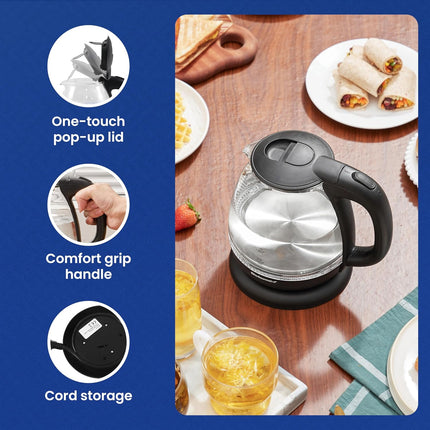 Elite Gourmet 1L BPA-Free Glass Electric Kettle 1100W Blue LED EKT1001