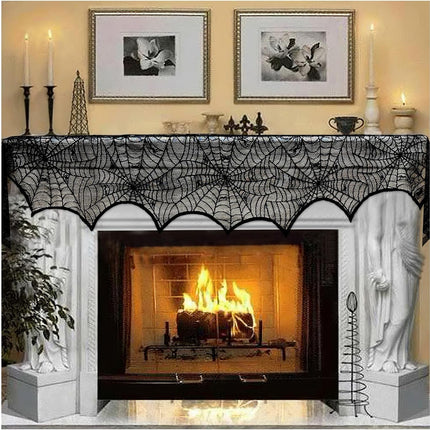 Halloween Black Lace Spiderweb Fireplace Mantel Scarf, 18x96in Party Decor