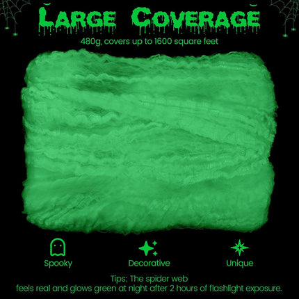 1600 Sq Ft Glow-in-the-Dark Halloween Spider Web, White Stretchy Creepy Web Decor