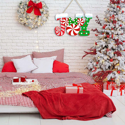Christmas Joy Door Sign – Wood Candy Mouse Wreath for Front Door Decor