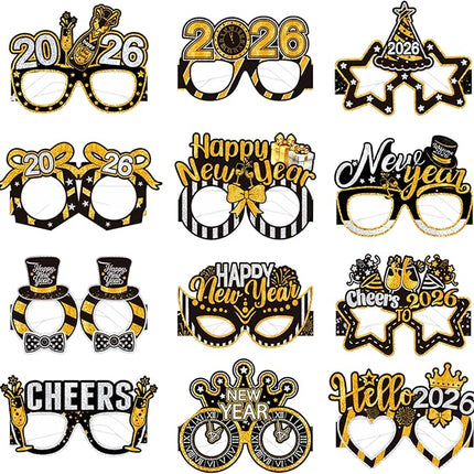 12 PCS New Year 2026 Paper Glasses Funny NYE Party Photo Booth Props