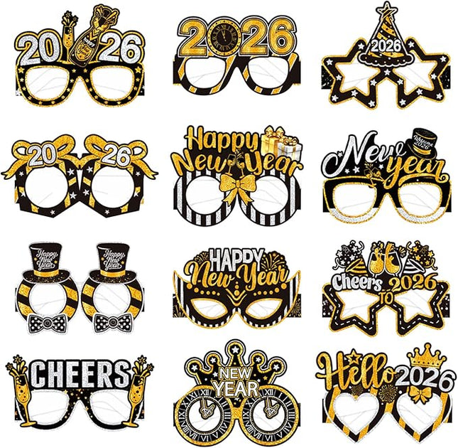 12 PCS New Year 2026 Paper Glasses Funny NYE Party Photo Booth Props