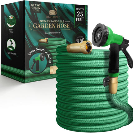 25FT Non-Expandable Garden Hose – Super Lightweight, Brass Connectors, Grassy Green