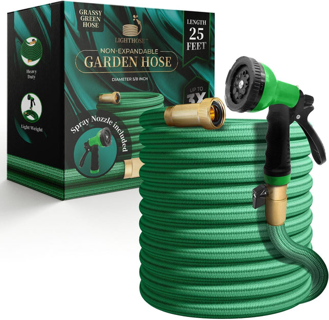 25FT Non-Expandable Garden Hose – Super Lightweight, Brass Connectors, Grassy Green