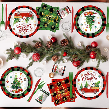 Christmas Paper Plates and Napkins, Buffalo Plaid Red & Green with Xmas Tree Design