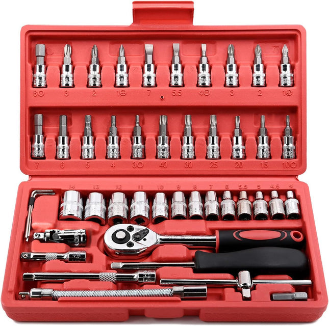46 Piece Wrench Set with Sockets Extension Bar and Case for Auto and Household