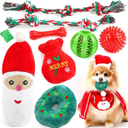 9PCS Christmas Dog Toys – Santa Plush, Rope, Ball & Teething Toys Set