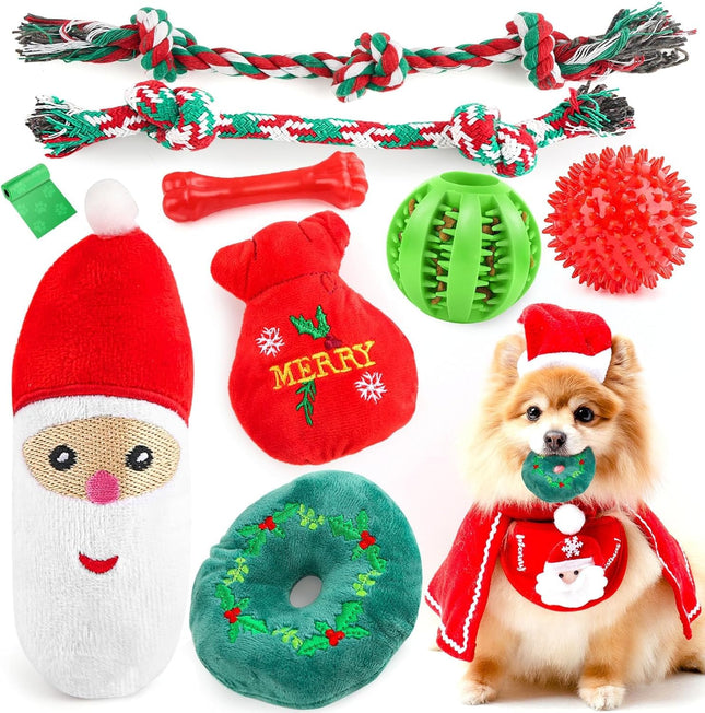 9PCS Christmas Dog Toys – Santa Plush, Rope, Ball & Teething Toys Set
