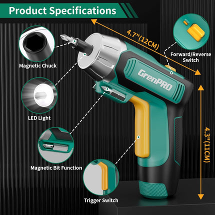 4V Cordless Screwdriver Set – USB Rechargeable with 9 Bits and Bit Holder, Green