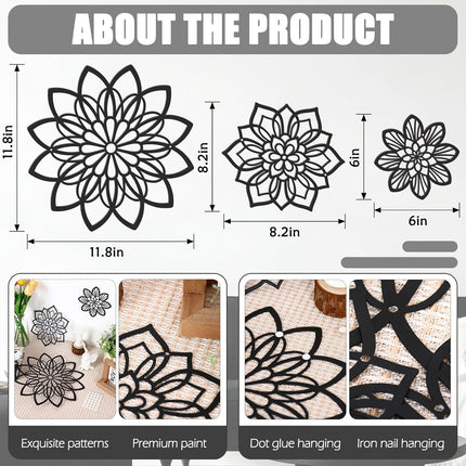 3Pcs Metal Flower Wall Art, Black Farmhouse Decor for Bathroom, Living Room & Home
