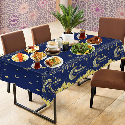 3-Pack Ramadan Tablecloth Set – Blue & Gold Eid Moon Star Plastic Covers