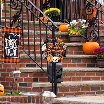 Halloween Wooden Ghost Door Wreath, Pumpkin Black Cat Front Door & Wall Hanging Decor